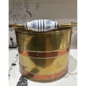 Vintage Large Copper & Brass Pail Pot Bucket Porcelain Handle Lions Heads
